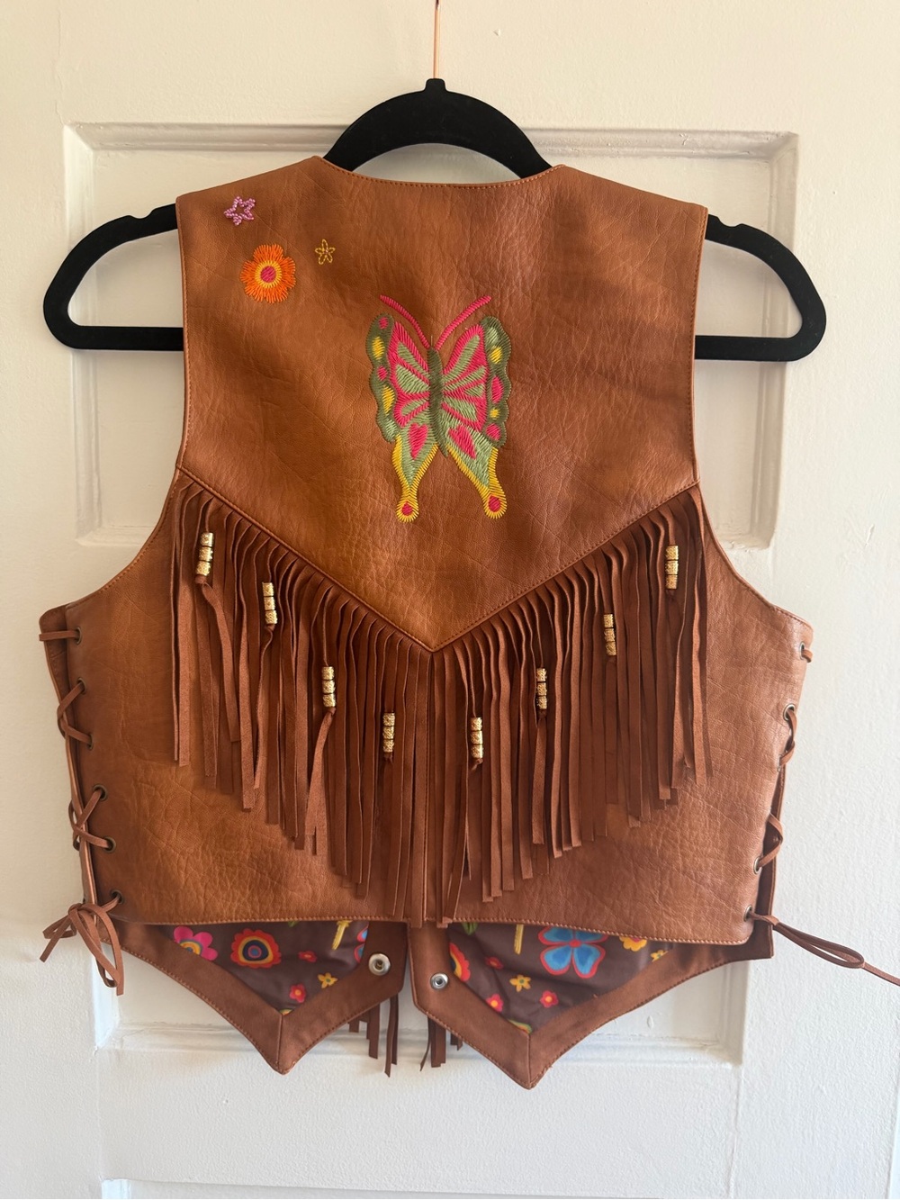 MOTHER: Fringe Embroidered Faux Leather Vest - Brown - Picture 6 of 6